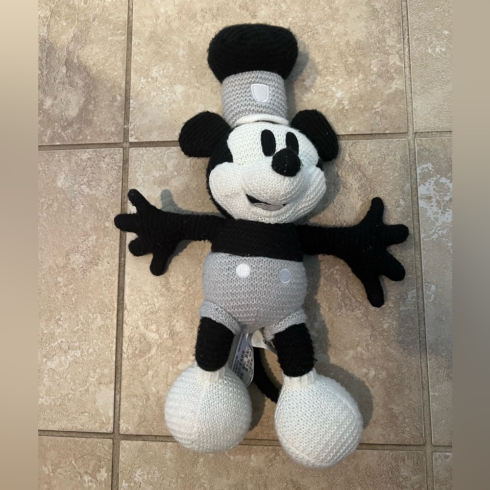 Disney Parks Mickey Mouse Crochet Knit Steamboat Willie Plush 17” Stuffed Animal